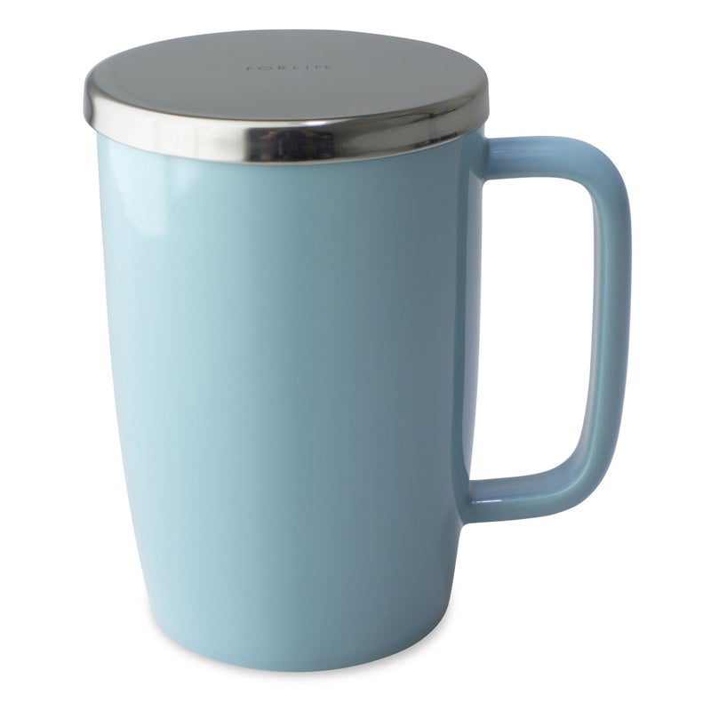 FORLIFE Dew Glossy Finish Brew-In-Mug with Basket Infuser & "Mirror" Stainless Lid 18 oz., Turquoise - Image 1